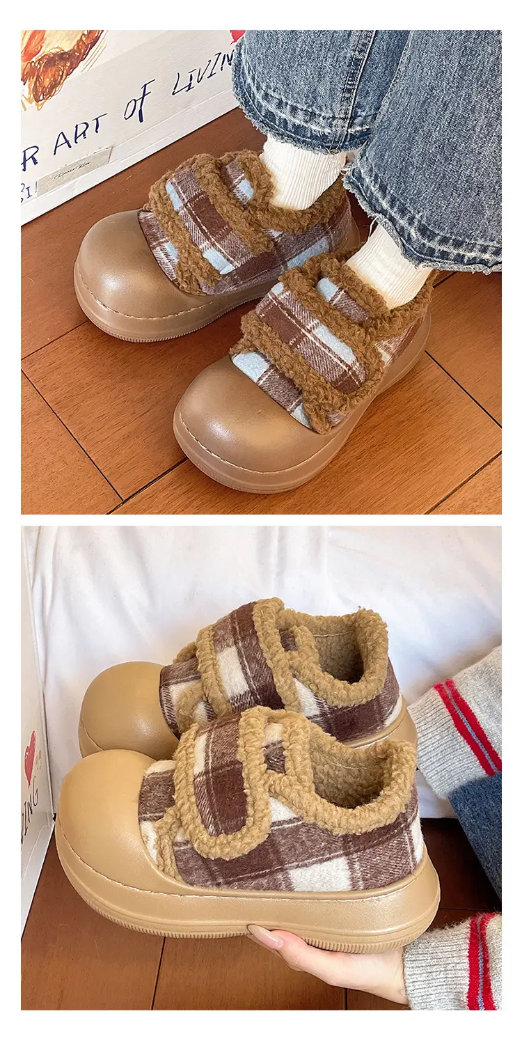 Velcro Cotton Shoes for Women in Winter Indoor Home Use Thick-Soled Non-Slip Fleece-Lined Heel Warm and Fashionable Plaid Cotton Slippers — feature 9