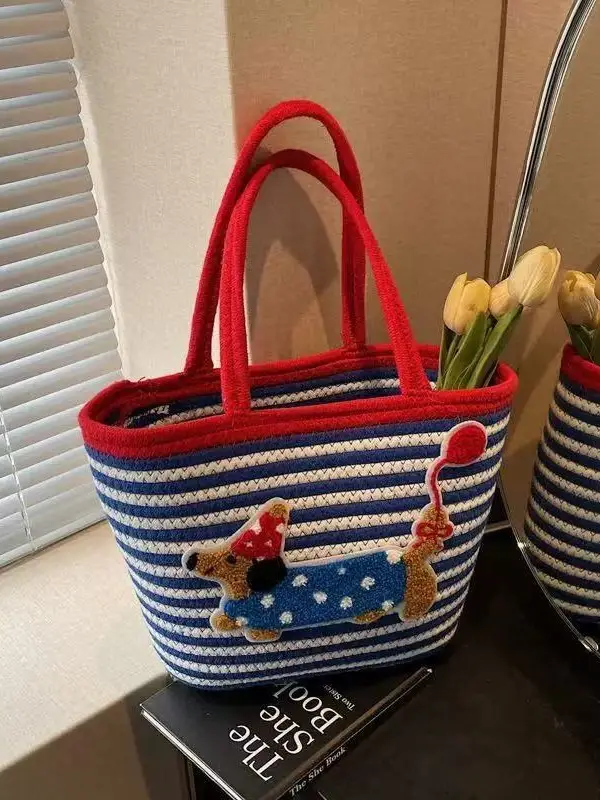 Cute Cotton Beach Bag Red Handles Cute Design - Image 5