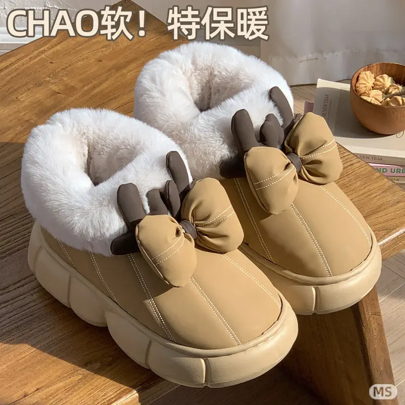 2025 New Cotton Slippers for Women in Winter, Cute, Warm, Non-Slip, Fleece-Lined, Thick-Soled Snow Bow Outer Wear - Image 4