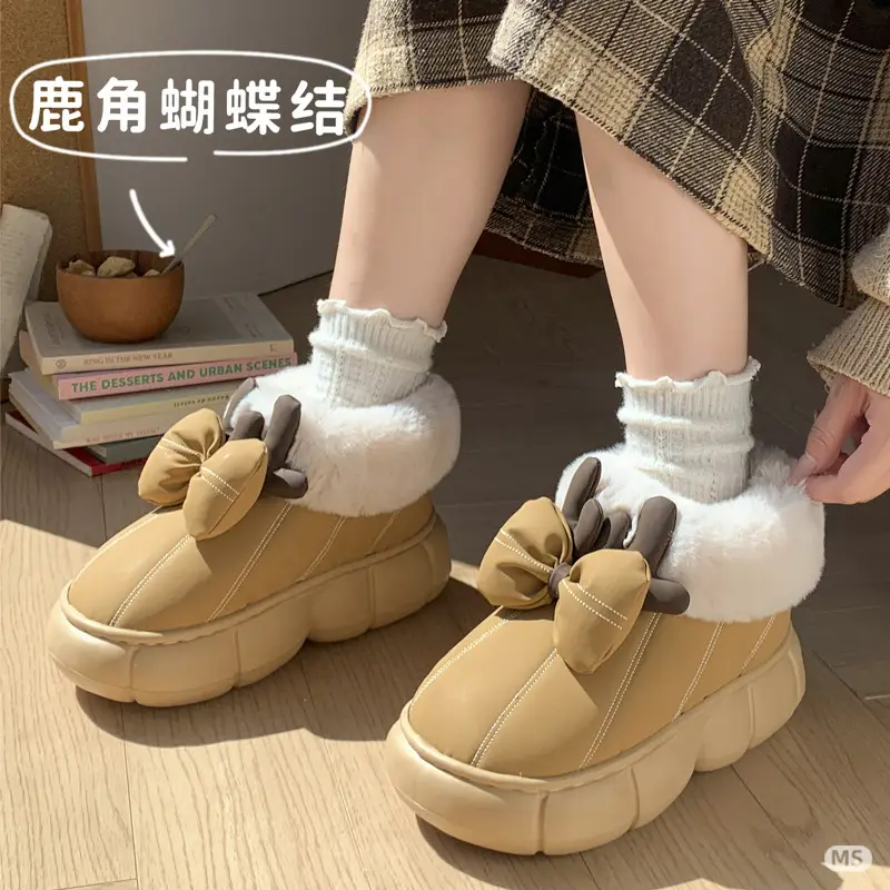 2025 New Cotton Slippers for Women in Winter, Cute, Warm, Non-Slip, Fleece-Lined, Thick-Soled Snow Bow Outer Wear - Image 7
