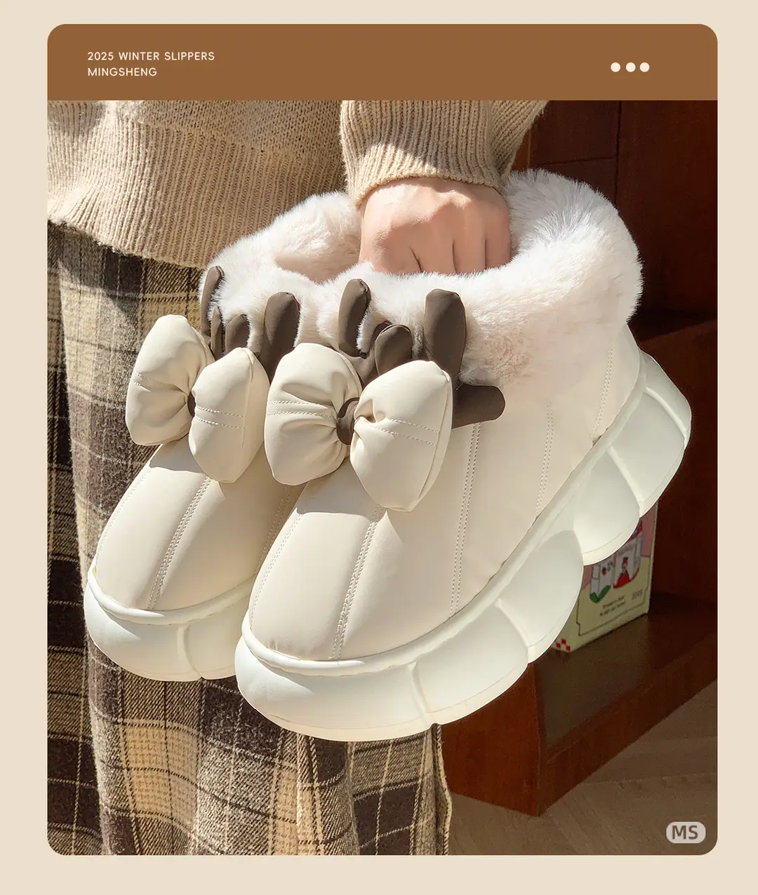 2025 New Cotton Slippers for Women in Winter, Cute, Warm, Non-Slip, Fleece-Lined, Thick-Soled Snow Bow Outer Wear — feature 4
