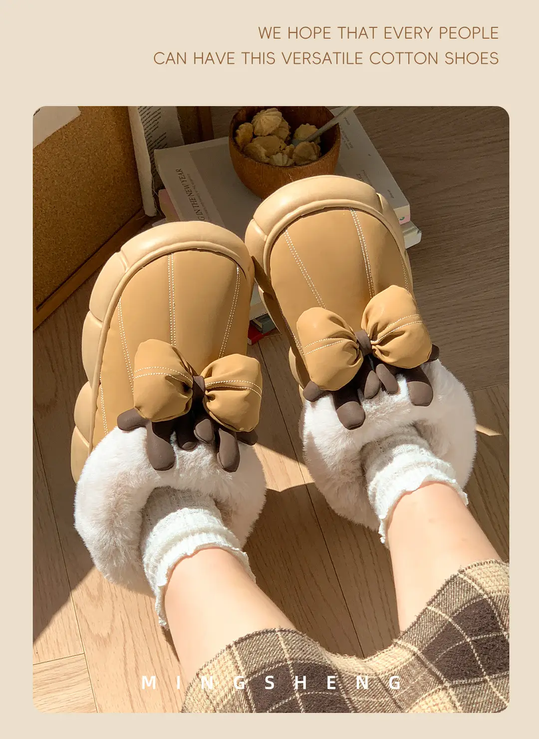 2025 New Cotton Slippers for Women in Winter, Cute, Warm, Non-Slip, Fleece-Lined, Thick-Soled Snow Bow Outer Wear — feature 7