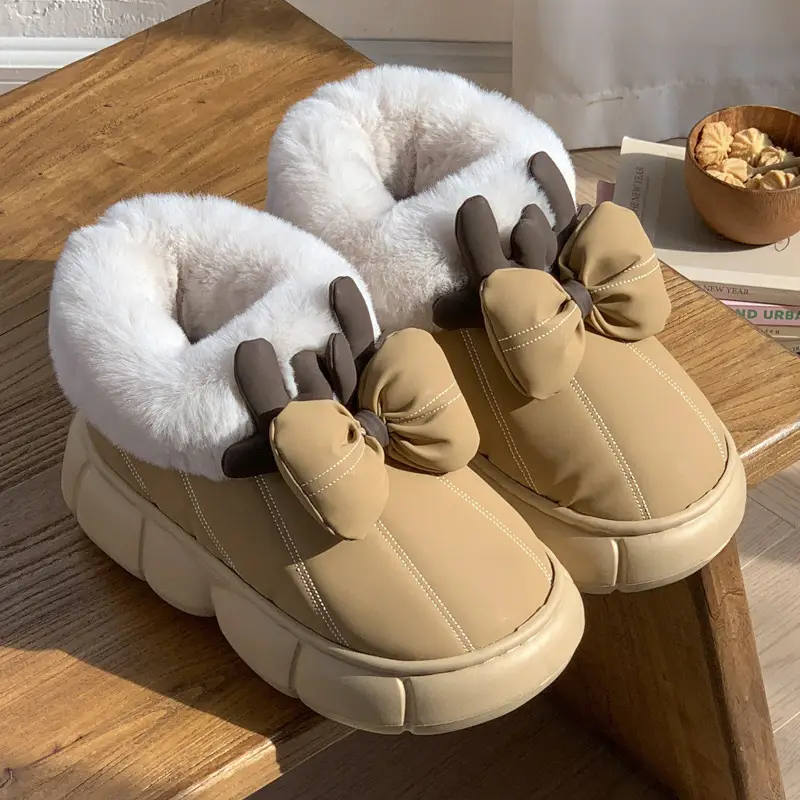 2025 New Cotton Slippers for Women in Winter, Cute, Warm, Non-Slip, Fleece-Lined, Thick-Soled Snow Bow Outer Wear - Image 2