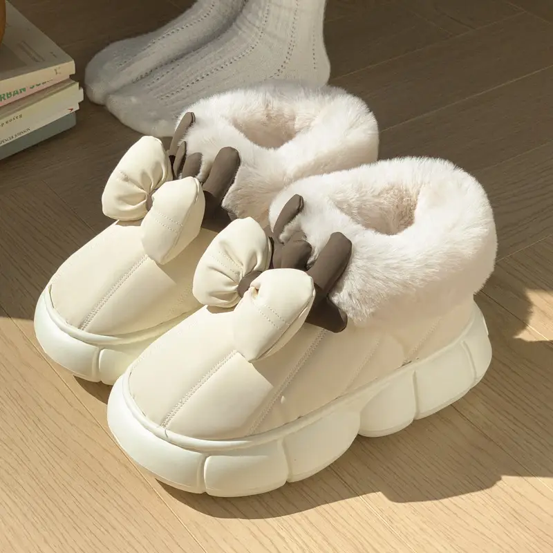 2025 New Cotton Slippers for Women in Winter, Cute, Warm, Non-Slip, Fleece-Lined, Thick-Soled Snow Bow Outer Wear - Image 3