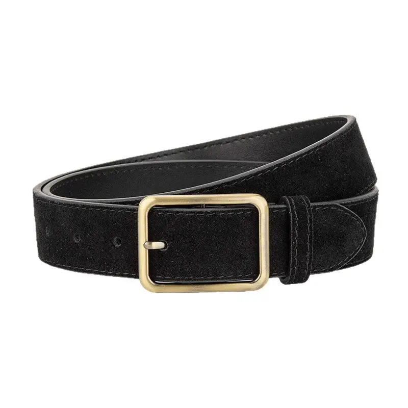 Black Square Buckle Suede Belt for Women - Image 21