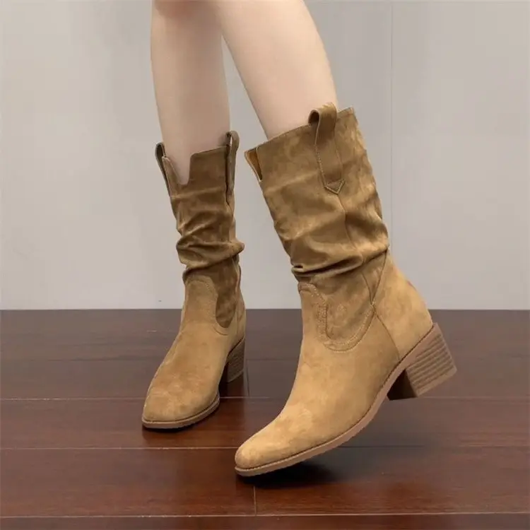 Khaki Retro Pile Cowboy Boots Women 2025 - Image 3