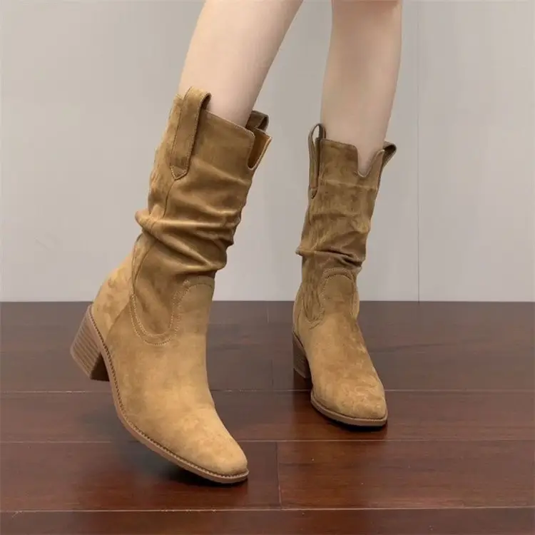 Khaki Retro Pile Cowboy Boots Women 2025 — feature 4