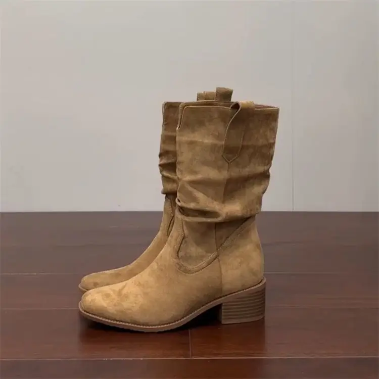 Khaki Retro Pile Cowboy Boots Women 2025 — feature 5