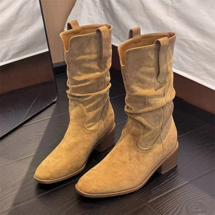 Khaki Retro Pile Cowboy Boots Women 2025 — feature 6