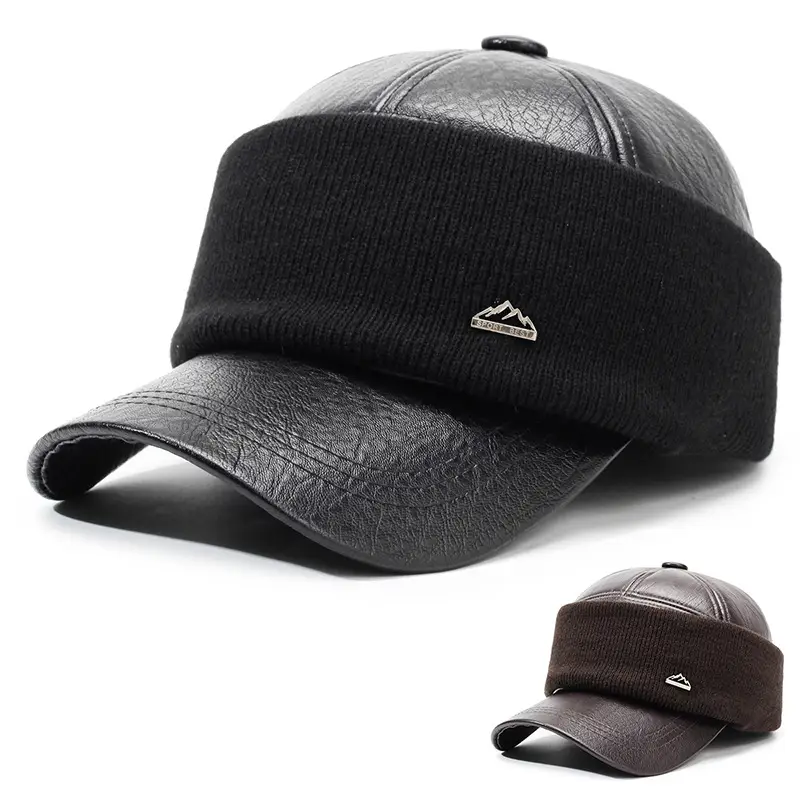 Winter Warm Brown Leather Cap for Men Elderly