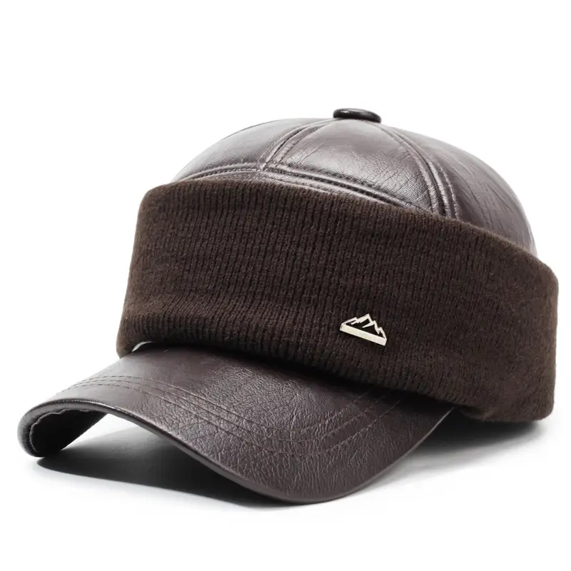 Winter Warm Brown Leather Cap for Men Elderly