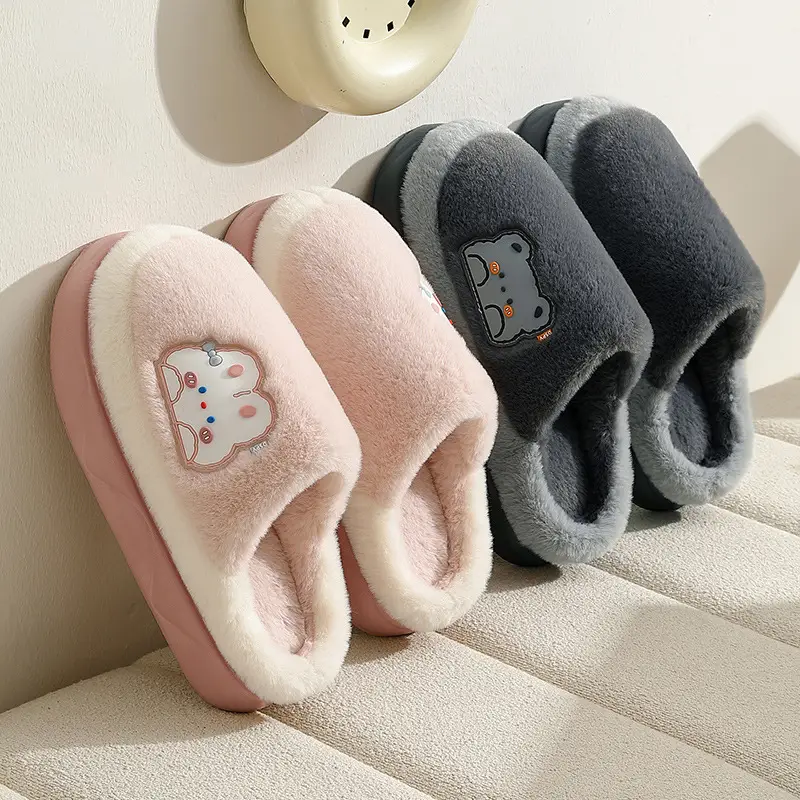 New Thick-Soled Home Cotton Slippers for Women Winter Indoor Plush Warm Anti-Slip Men's Cartoon Furry Slippers for Men Winter