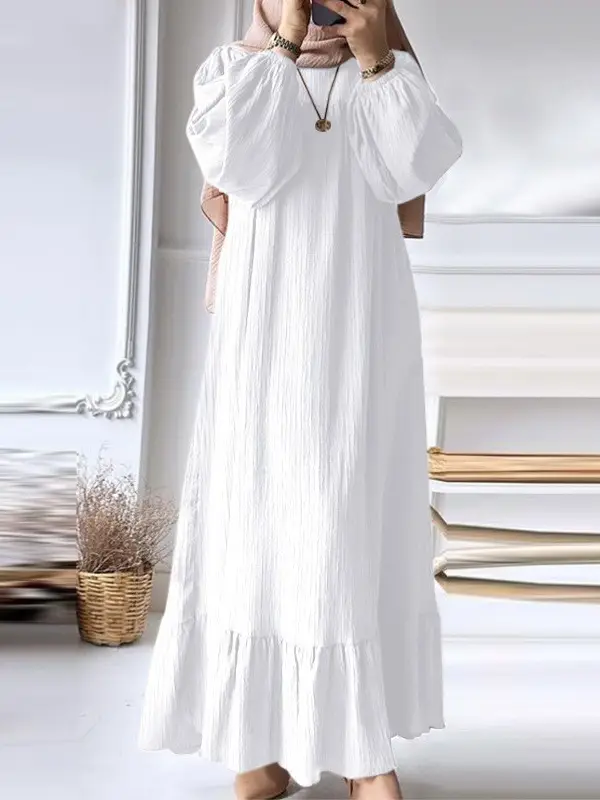 Muslim Women's White Long Robe with Ruffled Hem - Image 9