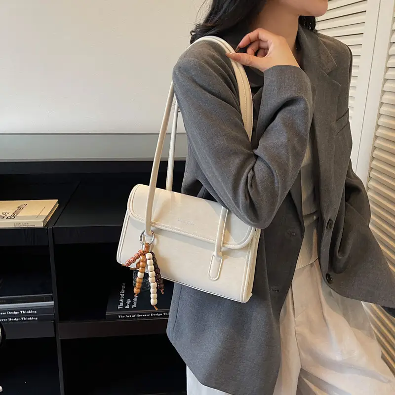 Cream Korean Style Women's Shoulder Bag with Pearl Charm - Image 7