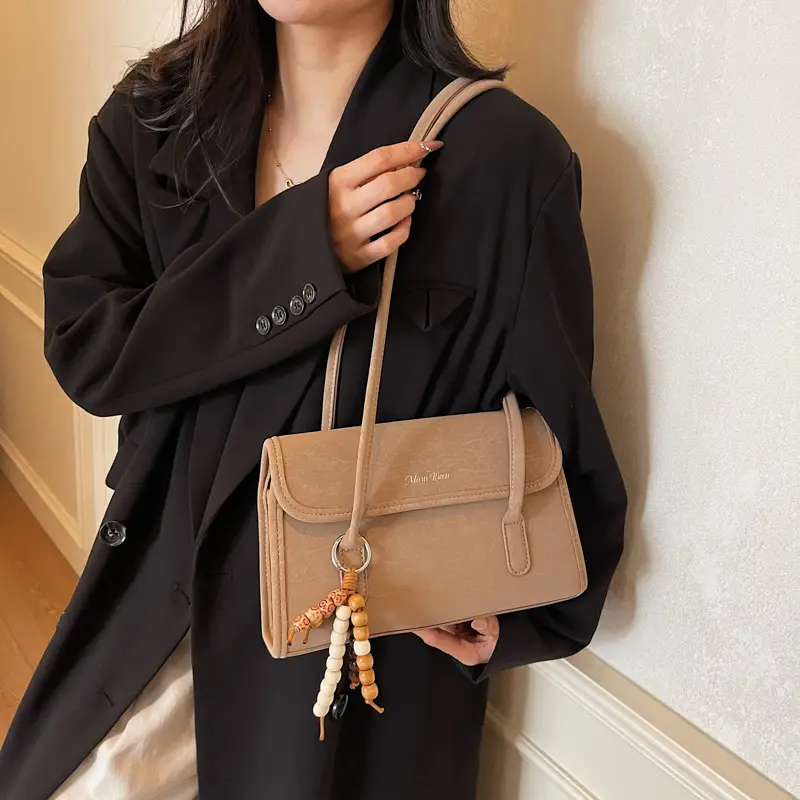 Cream Korean Style Women's Shoulder Bag with Pearl Charm - Image 8