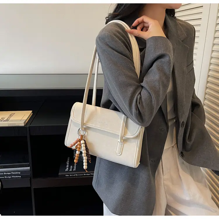 Cream Korean Style Women's Shoulder Bag with Pearl Charm — feature 15