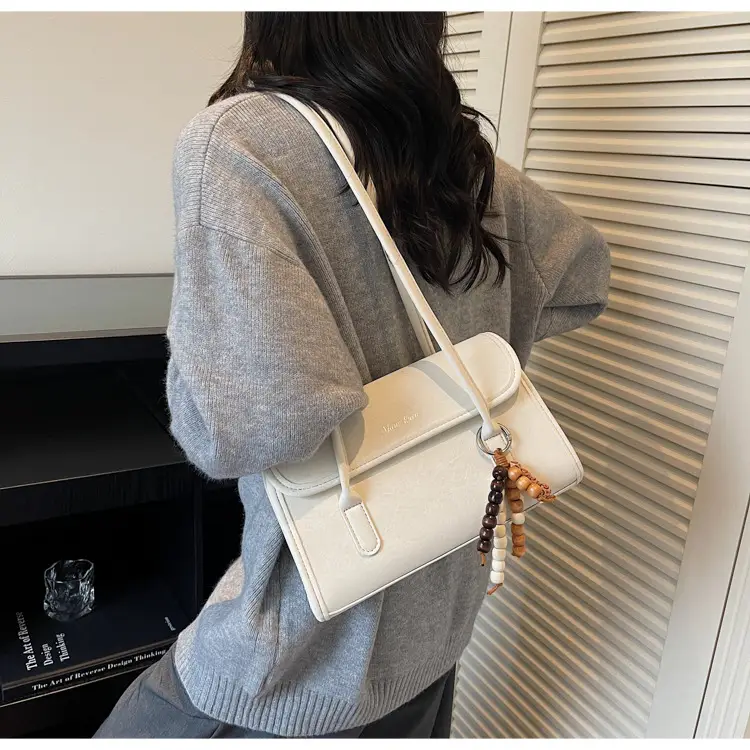 Cream Korean Style Women's Shoulder Bag with Pearl Charm — feature 17