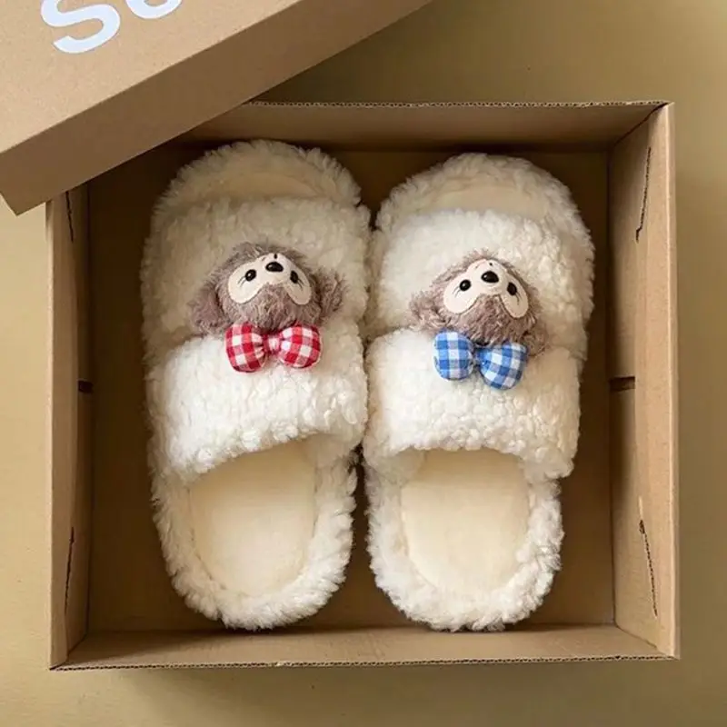 Cute Bear Cartoon Furry Cotton Slippers Women