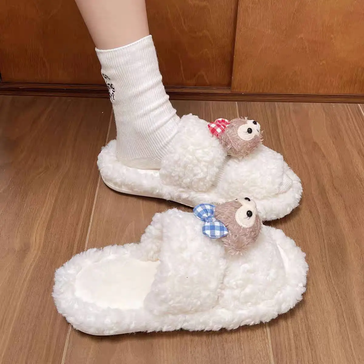 Cute Bear Cartoon Furry Cotton Slippers Women