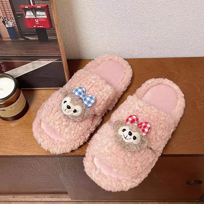 Cute Bear Cartoon Furry Cotton Slippers Women