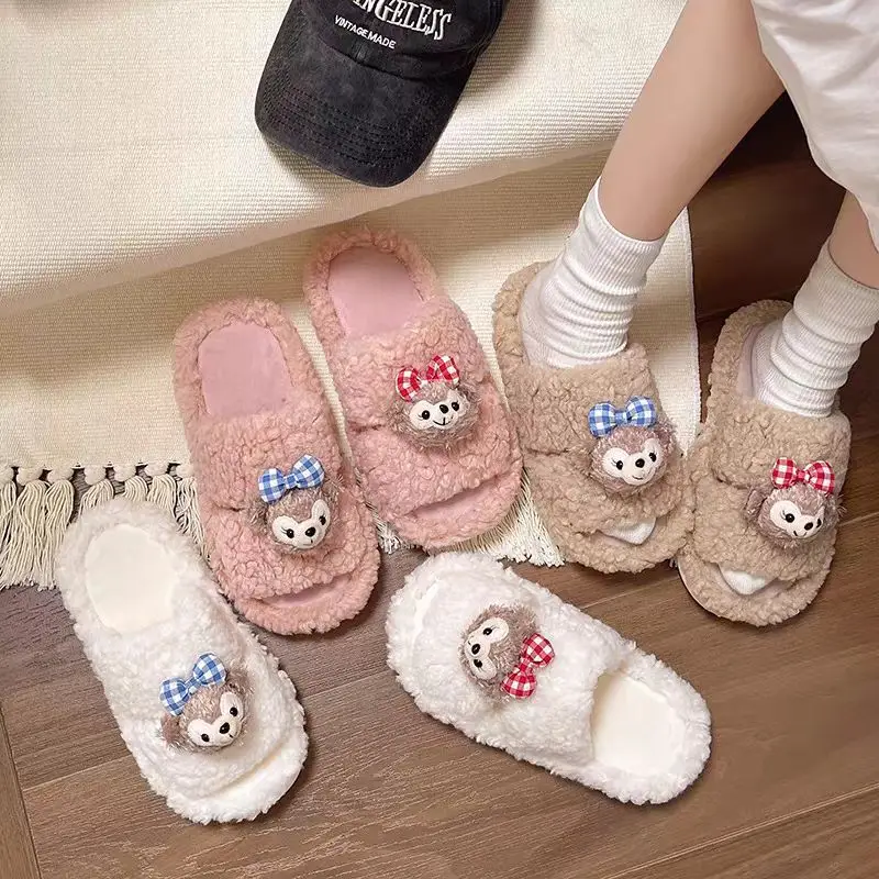 Cute Bear Cartoon Furry Cotton Slippers Women