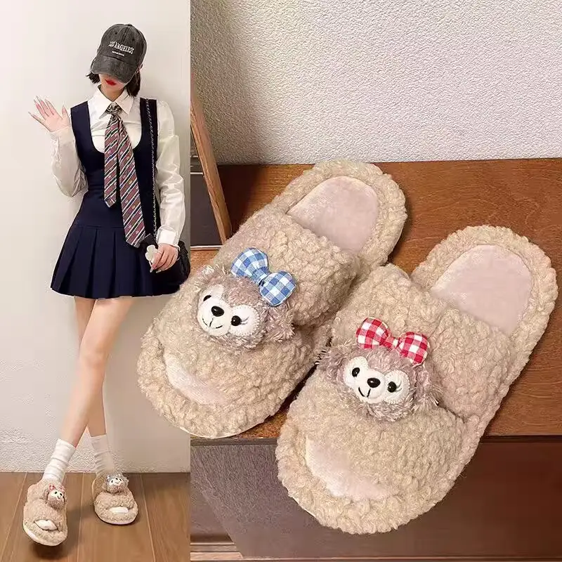 Cute Bear Cartoon Furry Cotton Slippers Women — feature 15