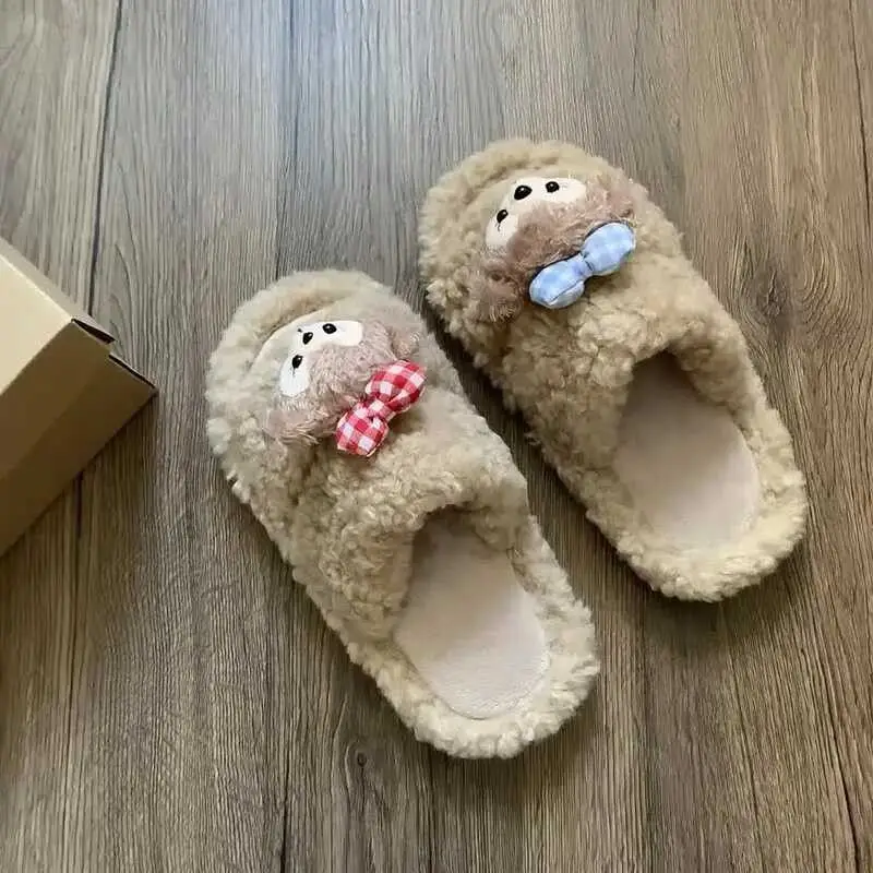 Cute Bear Cartoon Furry Cotton Slippers Women — feature 27