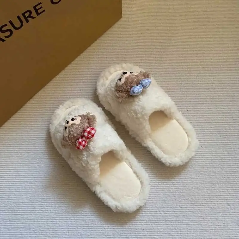 Cute Bear Cartoon Furry Cotton Slippers Women — feature 28