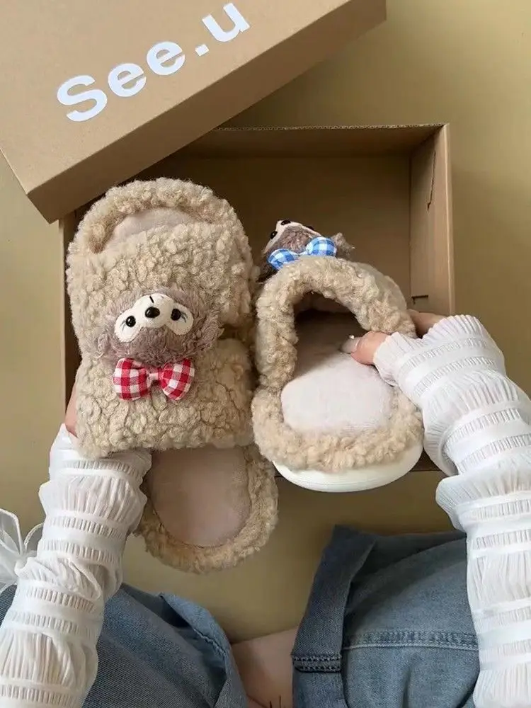 Cute Bear Cartoon Furry Cotton Slippers Women — feature 32