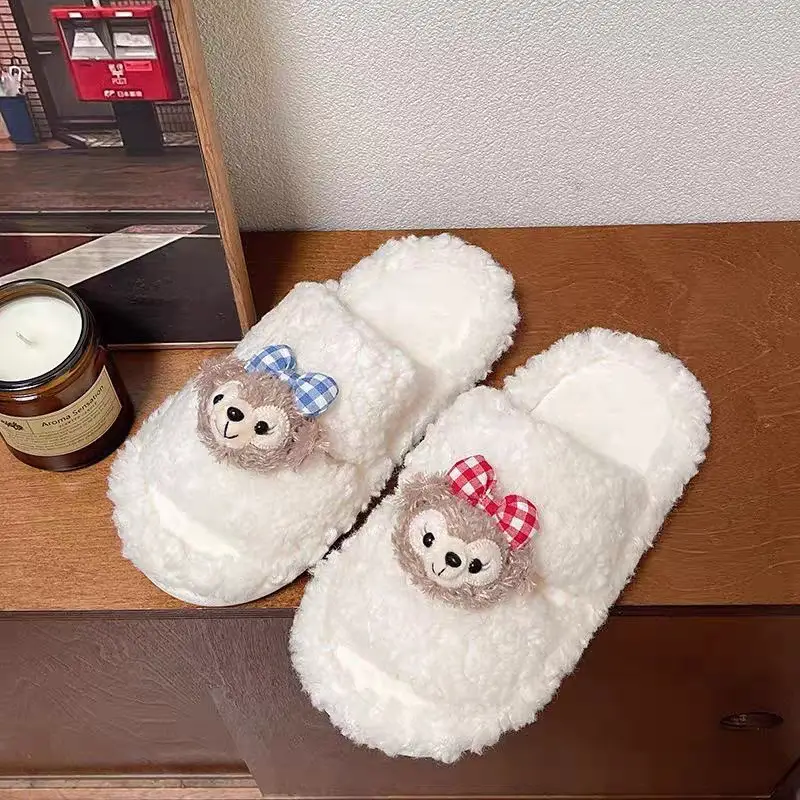 Cute Bear Cartoon Furry Cotton Slippers Women