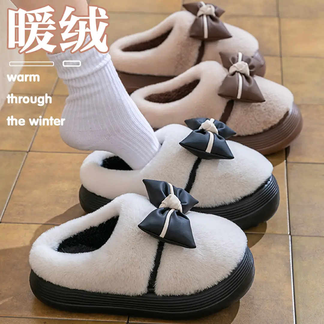 Women's Thick-Soled Cotton Slippers for Indoor Use, Cartoon Cute Bow Slippers, Winter Bag Heels, Warm Home Cotton Shoes, High Heels - Image 12