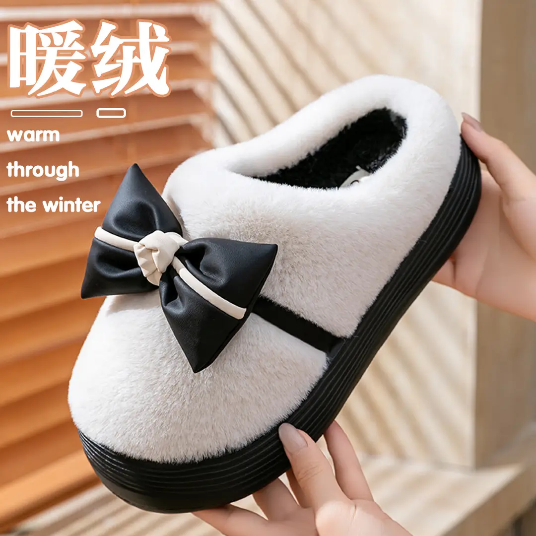 Women's Thick-Soled Cotton Slippers for Indoor Use, Cartoon Cute Bow Slippers, Winter Bag Heels, Warm Home Cotton Shoes, High Heels - Image 13
