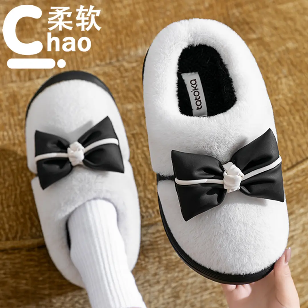 Women's Thick-Soled Cotton Slippers for Indoor Use, Cartoon Cute Bow Slippers, Winter Bag Heels, Warm Home Cotton Shoes, High Heels - Image 14