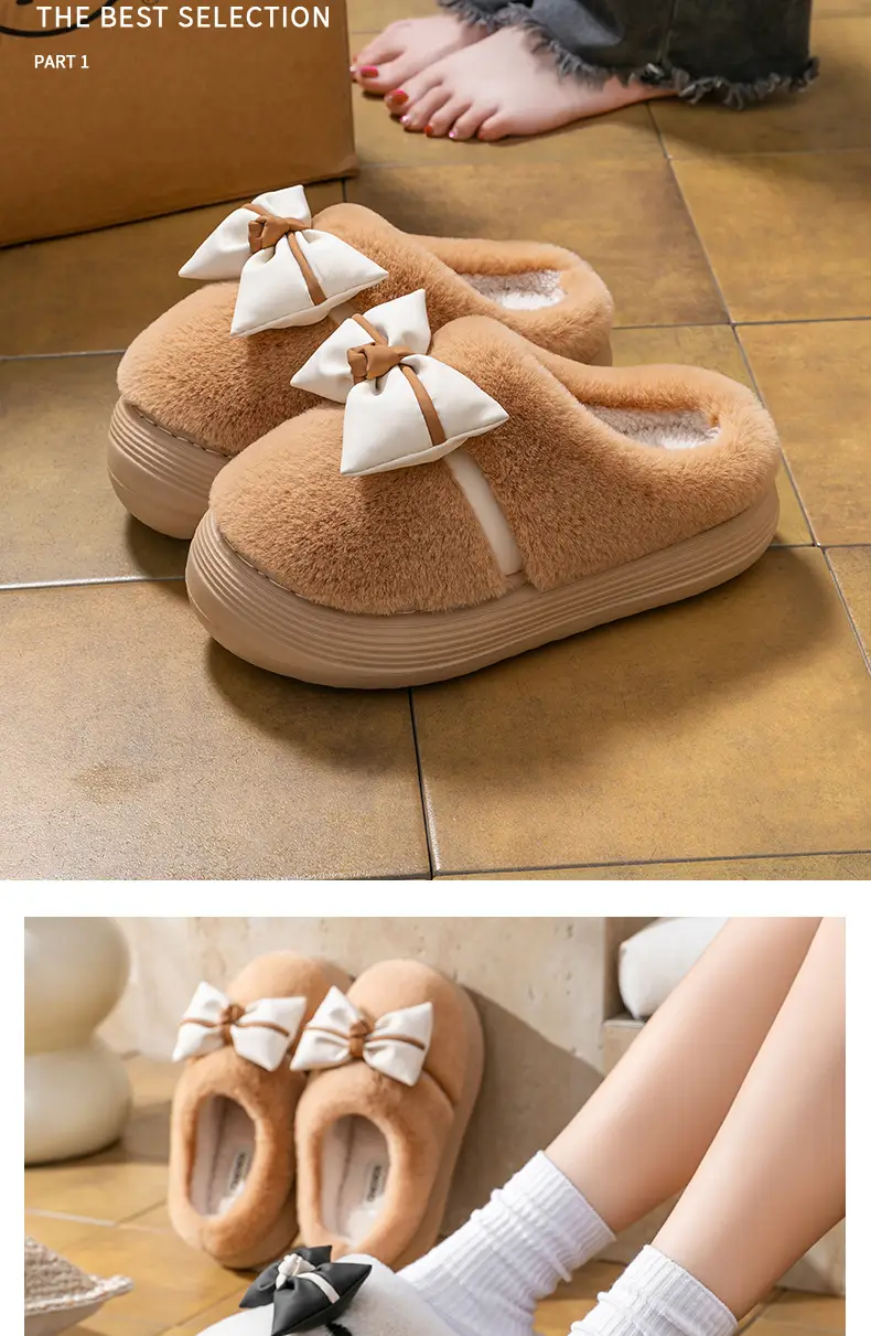 Women's Thick-Soled Cotton Slippers for Indoor Use, Cartoon Cute Bow Slippers, Winter Bag Heels, Warm Home Cotton Shoes, High Heels — feature 10
