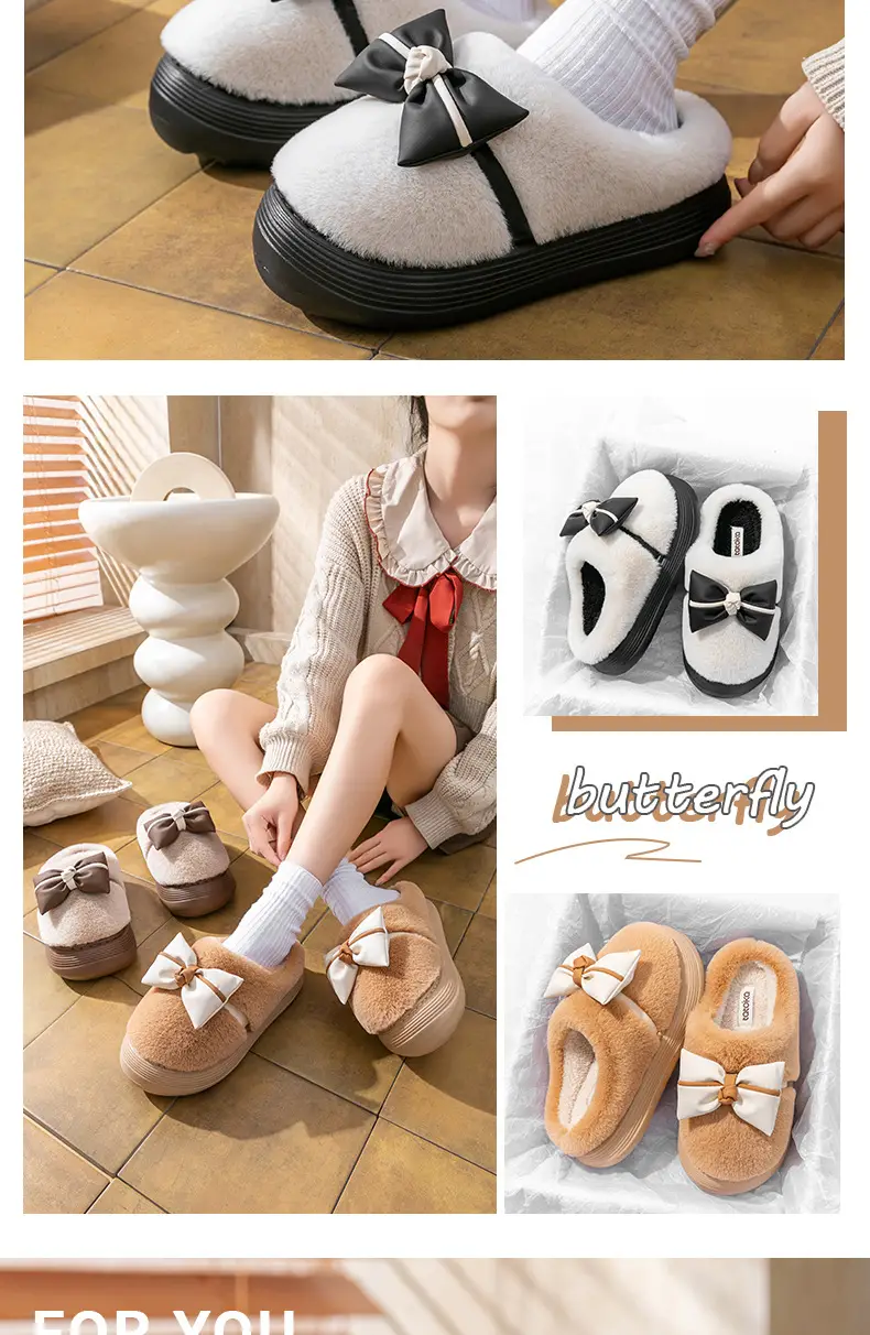 Women's Thick-Soled Cotton Slippers for Indoor Use, Cartoon Cute Bow Slippers, Winter Bag Heels, Warm Home Cotton Shoes, High Heels — feature 11