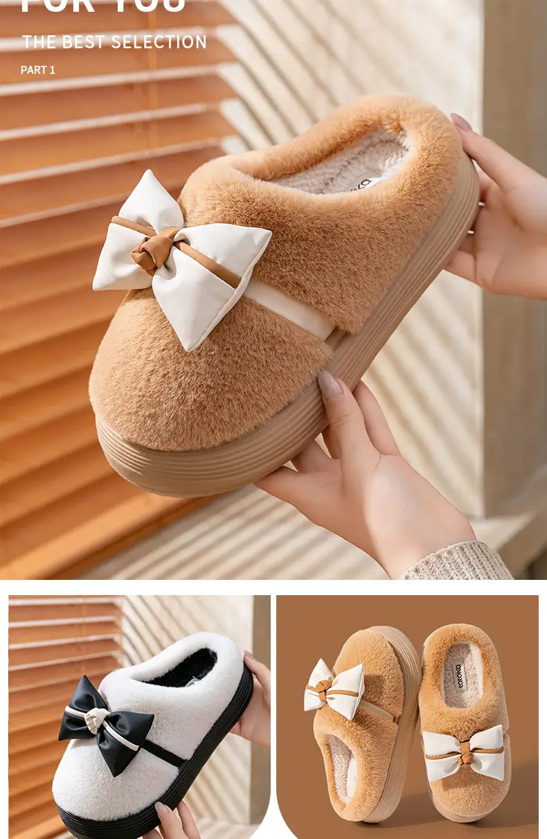 Women's Thick-Soled Cotton Slippers for Indoor Use, Cartoon Cute Bow Slippers, Winter Bag Heels, Warm Home Cotton Shoes, High Heels — feature 12