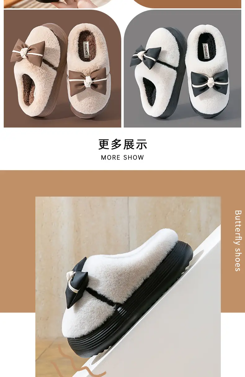 Women's Thick-Soled Cotton Slippers for Indoor Use, Cartoon Cute Bow Slippers, Winter Bag Heels, Warm Home Cotton Shoes, High Heels — feature 13