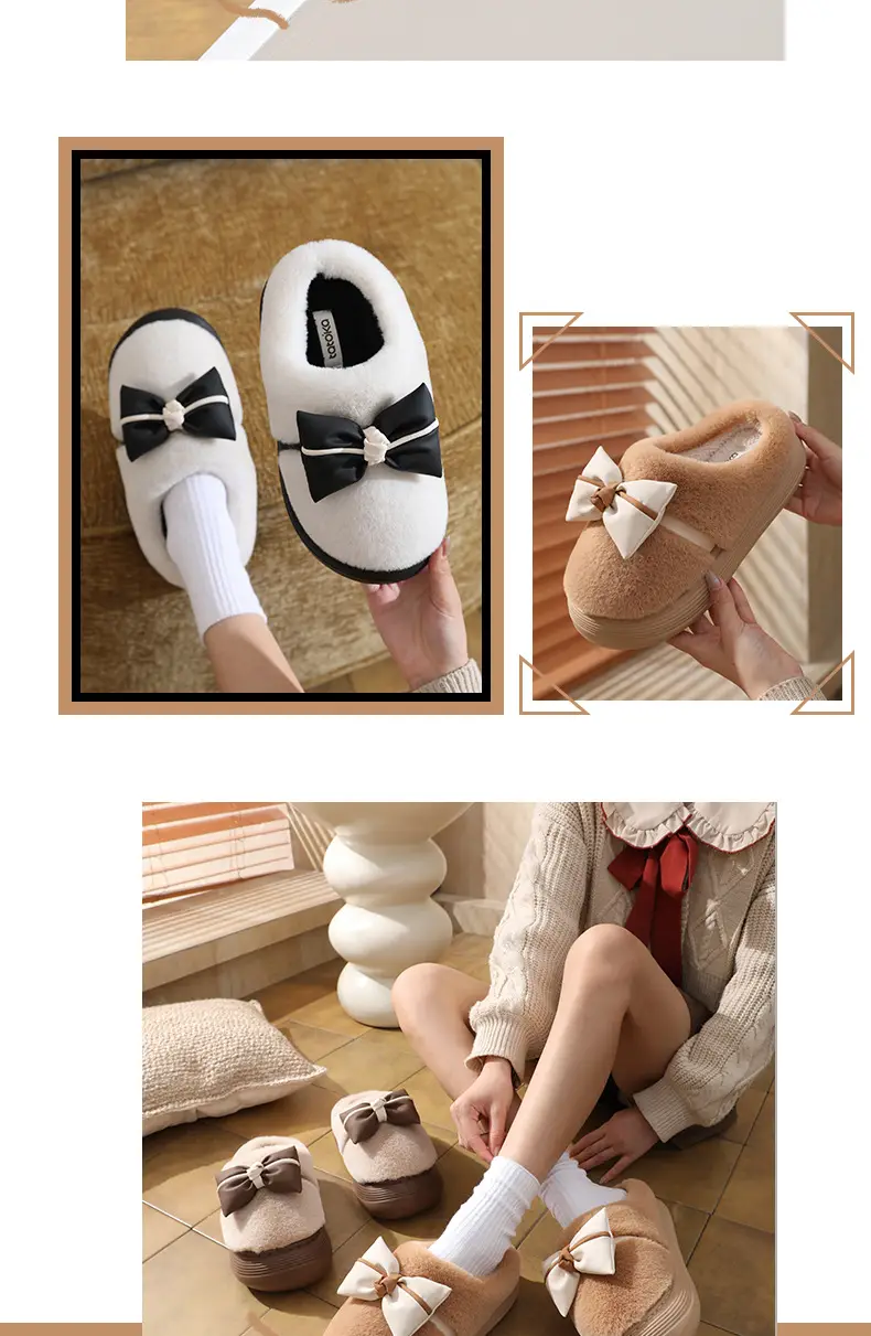 Women's Thick-Soled Cotton Slippers for Indoor Use, Cartoon Cute Bow Slippers, Winter Bag Heels, Warm Home Cotton Shoes, High Heels — feature 14