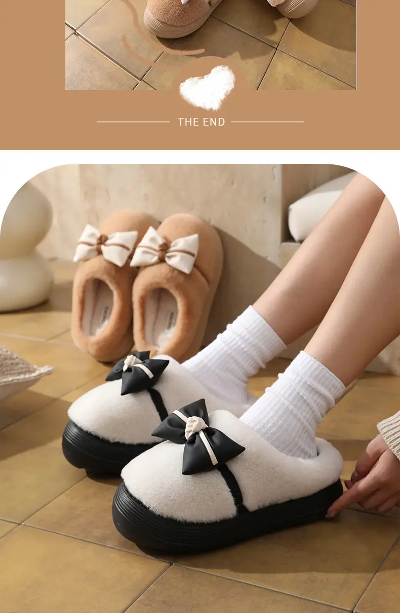 Women's Thick-Soled Cotton Slippers for Indoor Use, Cartoon Cute Bow Slippers, Winter Bag Heels, Warm Home Cotton Shoes, High Heels — feature 15