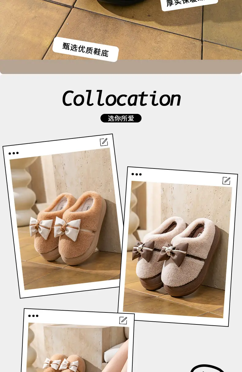Women's Thick-Soled Cotton Slippers for Indoor Use, Cartoon Cute Bow Slippers, Winter Bag Heels, Warm Home Cotton Shoes, High Heels — feature 3