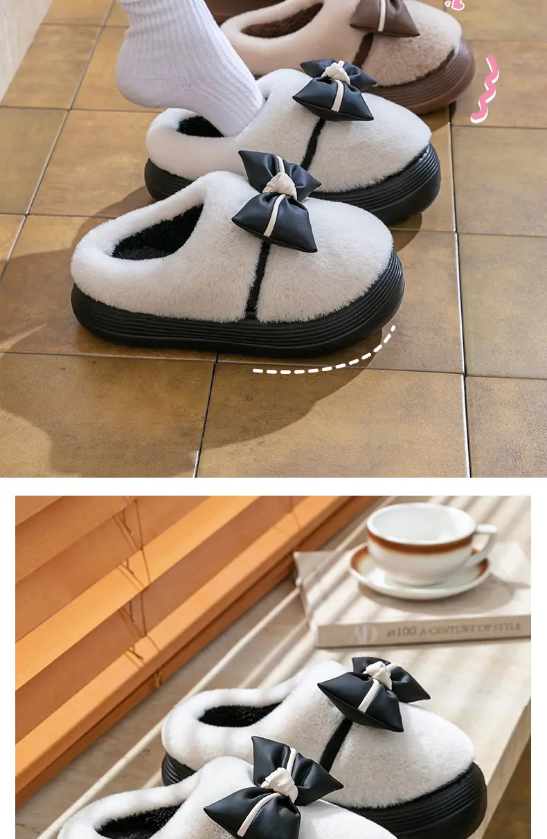 Women's Thick-Soled Cotton Slippers for Indoor Use, Cartoon Cute Bow Slippers, Winter Bag Heels, Warm Home Cotton Shoes, High Heels — feature 7