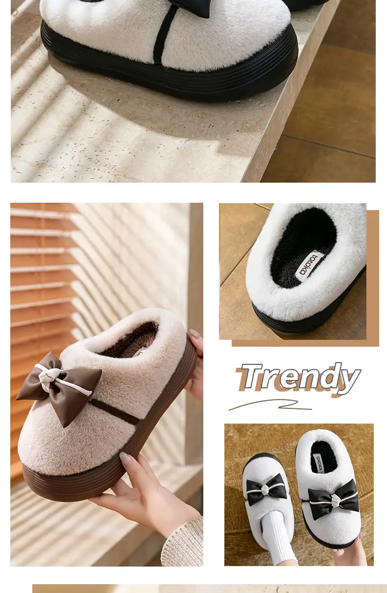 Women's Thick-Soled Cotton Slippers for Indoor Use, Cartoon Cute Bow Slippers, Winter Bag Heels, Warm Home Cotton Shoes, High Heels — feature 8