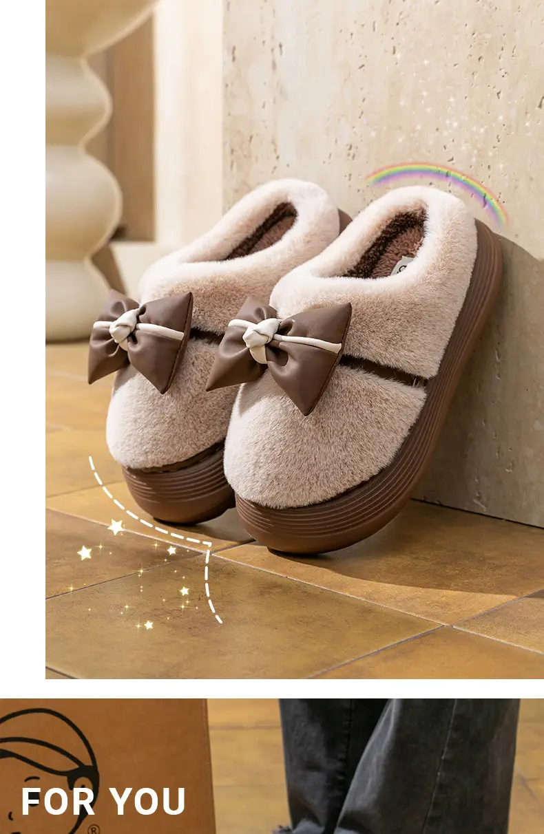 Women's Thick-Soled Cotton Slippers for Indoor Use, Cartoon Cute Bow Slippers, Winter Bag Heels, Warm Home Cotton Shoes, High Heels — feature 9