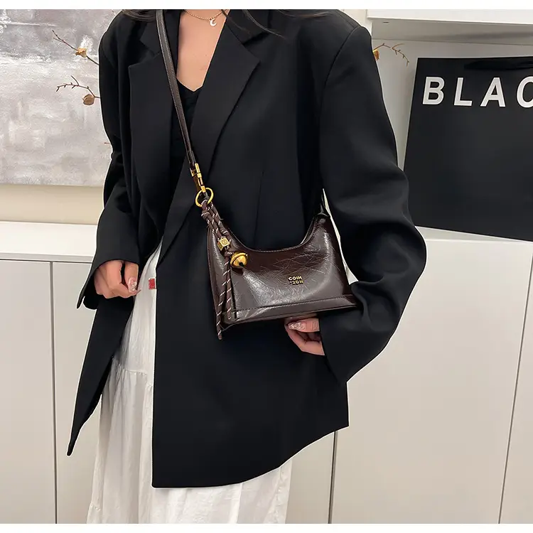 Black Leather Shoulder Bag with Gold Plated Handles — feature 12
