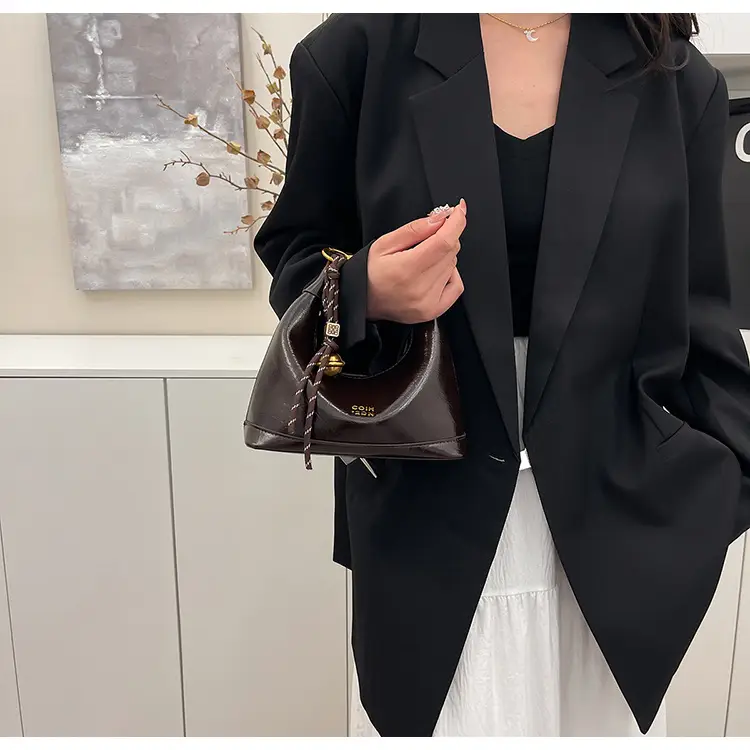 Black Leather Shoulder Bag with Gold Plated Handles — feature 14