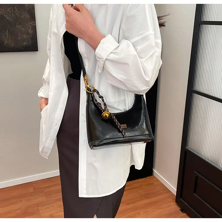 Black Leather Shoulder Bag with Gold Plated Handles — feature 15