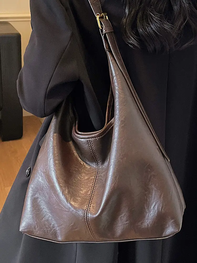 Brown Leather Large Capacity Shoulder Bag for Women - Image 8