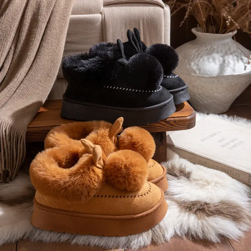 Little Ears Cotton Slippers for Women Winter Cute Bag Heel Warm Home Indoor Non-Slip Plush Autumn and Winter Thick-Soled Cotton Shoes - Image 7