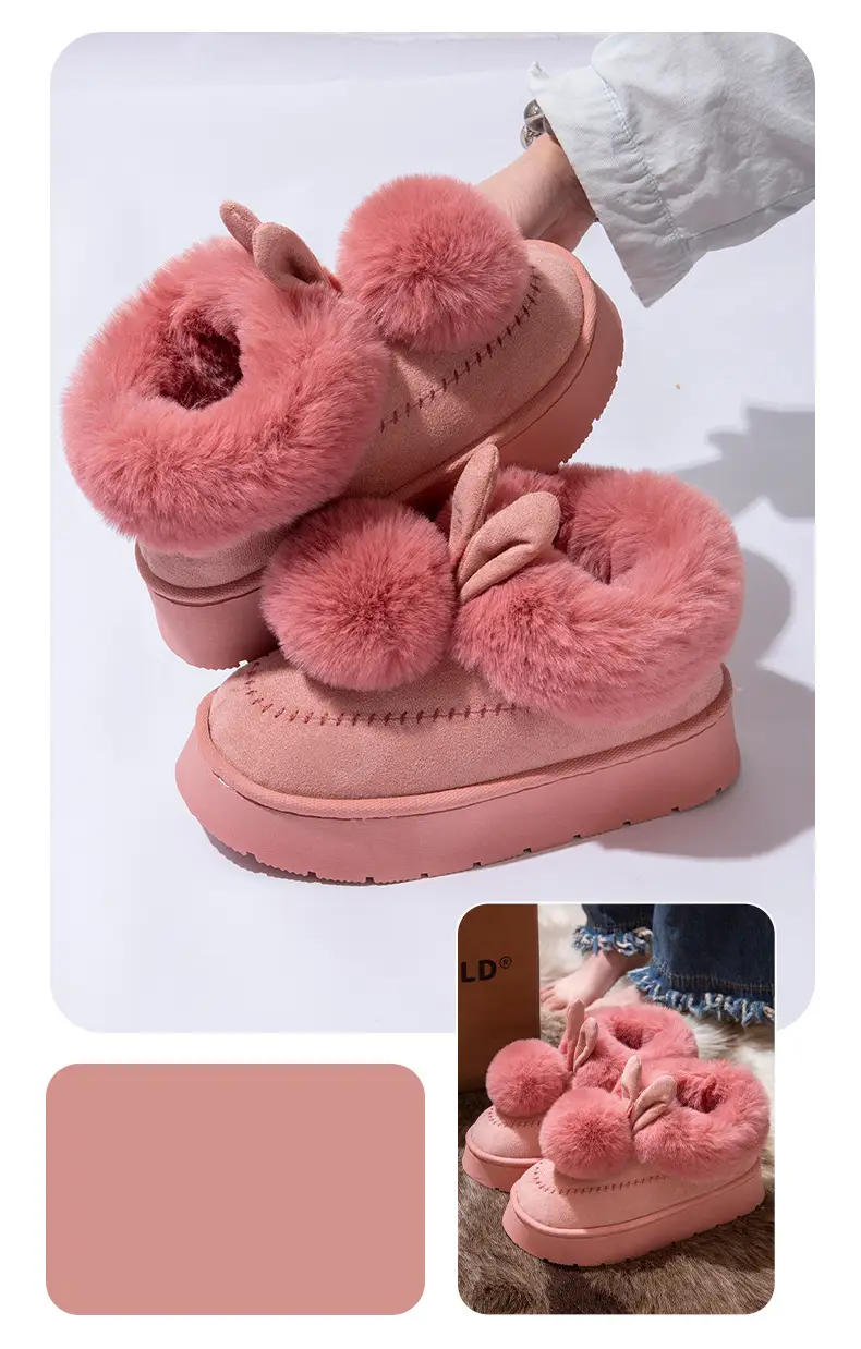 Little Ears Cotton Slippers for Women Winter Cute Bag Heel Warm Home Indoor Non-Slip Plush Autumn and Winter Thick-Soled Cotton Shoes — feature 11