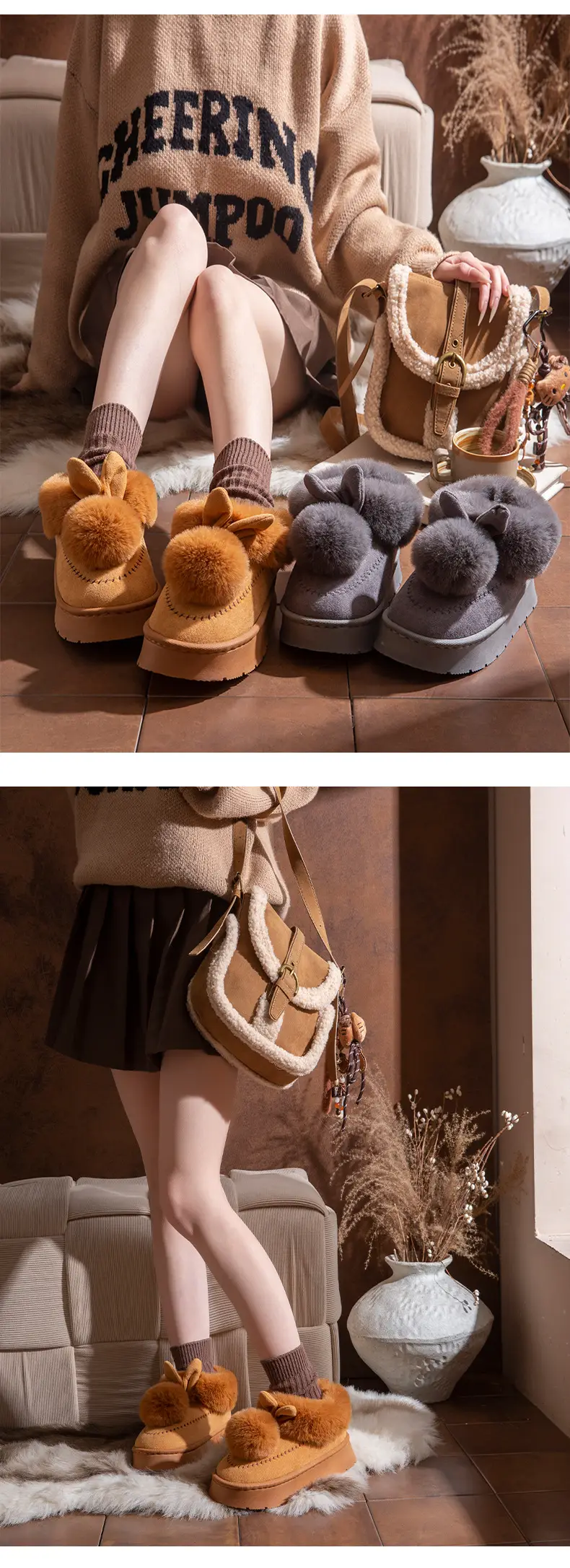 Little Ears Cotton Slippers for Women Winter Cute Bag Heel Warm Home Indoor Non-Slip Plush Autumn and Winter Thick-Soled Cotton Shoes — feature 12